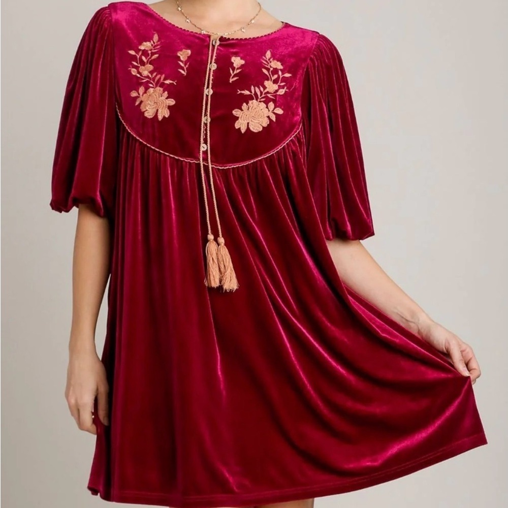 Umgee Red Velvet Embroidered Mini Dress NWT M Tassel Tie Ballon Sleeve Feminine